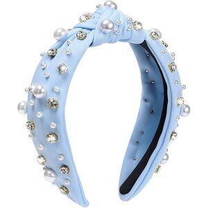 Women's Light Blue Embellished Rhinestone Pearl Knotted Trendy Vintage Headband